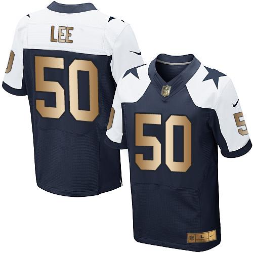 Nike Cowboys #50 Sean Lee Navy Blue Thanksgiving Throwback Men's Stitched NFL Elite Gold Jersey - Click Image to Close